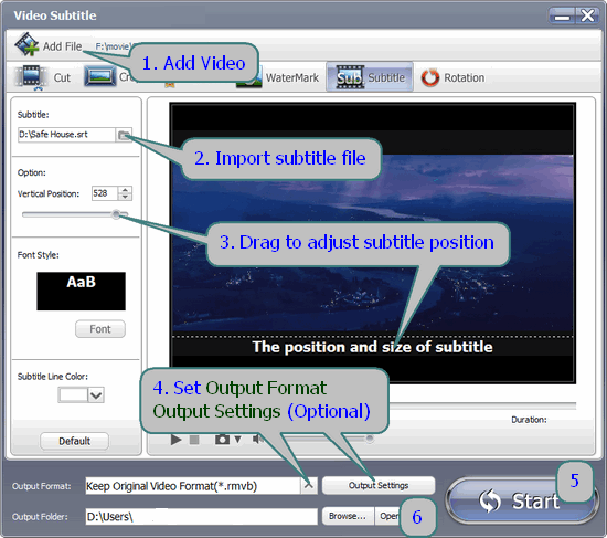 Окно Video Subtitle GiliSoft Video Editor с импортом файла субтитров и настройкой позиции