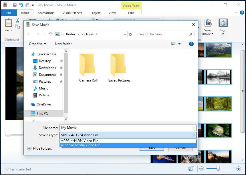 Диалог Save Movie в Movie Maker 2012 с выбором MPEG-4 H.264 и Windows Media Video