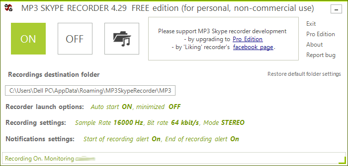 Главное окно MP3 Skype Recorder с кнопками ON, OFF, папкой записей и настройками