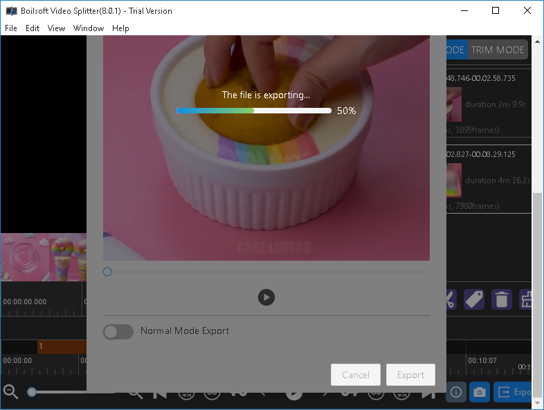 Окно экспорта Boilsoft Video Splitter с выбором режима и индикатором обработки