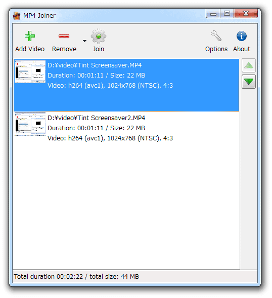 Главное окно MP4Joiner со списком добавленных видео и кнопками объединения