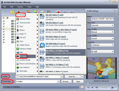Список профилей ImTOO MPEG Encoder Ultimate с категориями HD Video и устройствами