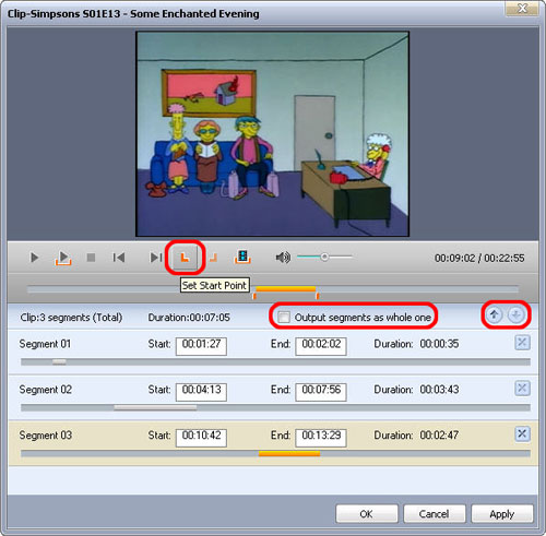 Окно Clip в ImTOO MPEG Encoder Ultimate с несколькими сегментами