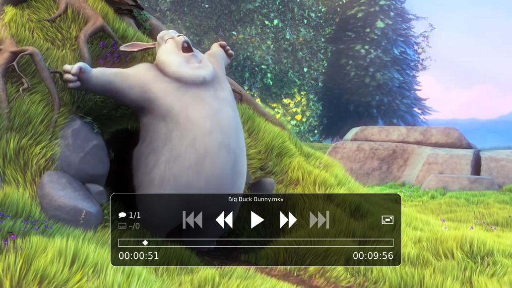Архивный интерфейс mpv с компактным блоком управления поверх Big Buck Bunny