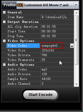 Панель параметров Clone2Go Video Converter Free Version с настройками видео и аудио