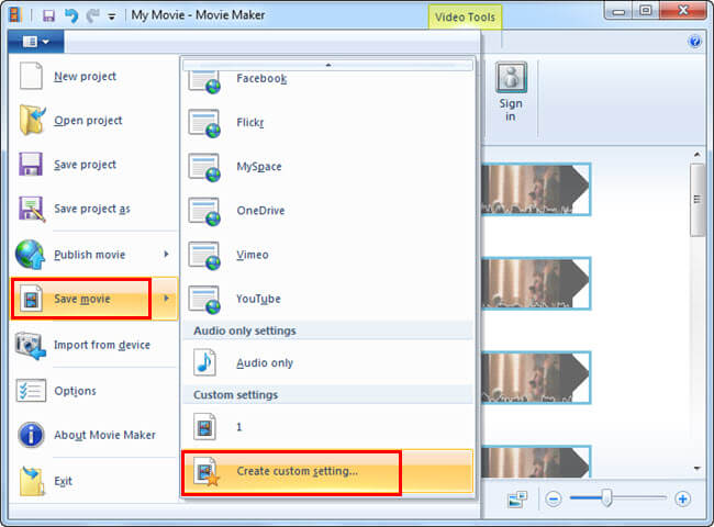 Меню Save movie в Movie Maker 2012 с пунктом Create custom setting