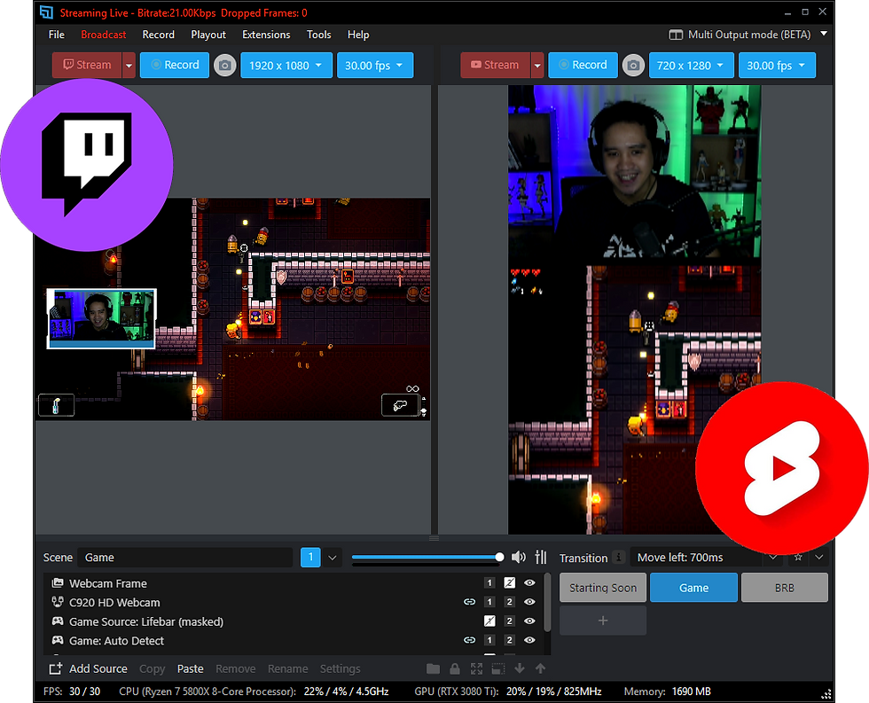 Multi Output Mode в XSplit Broadcaster с горизонтальным и вертикальным игровым кадром