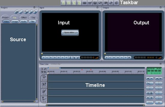 Рабочее окно Womble MPEG Video Wizard с Project Manager, мониторами и Timeline