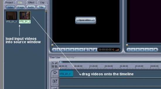 Перетаскивание исходного клипа на Timeline в Womble MPEG Video Wizard