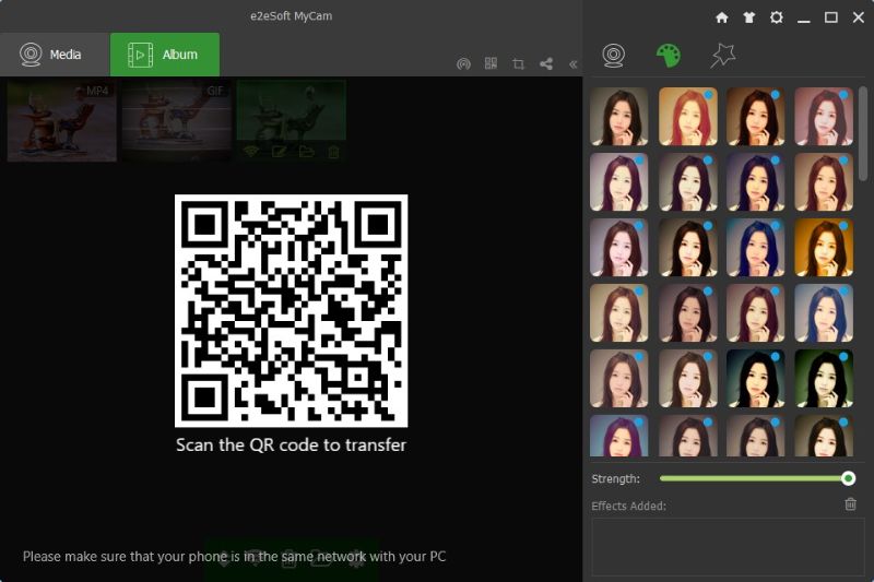 Раздел Album в MyCam с QR-кодом для передачи файлов на телефон
