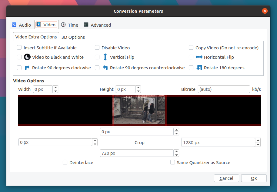 Вкладка Video окна Conversion Parameters в MystiQ с поворотом, кадрированием и деинтерлейсингом