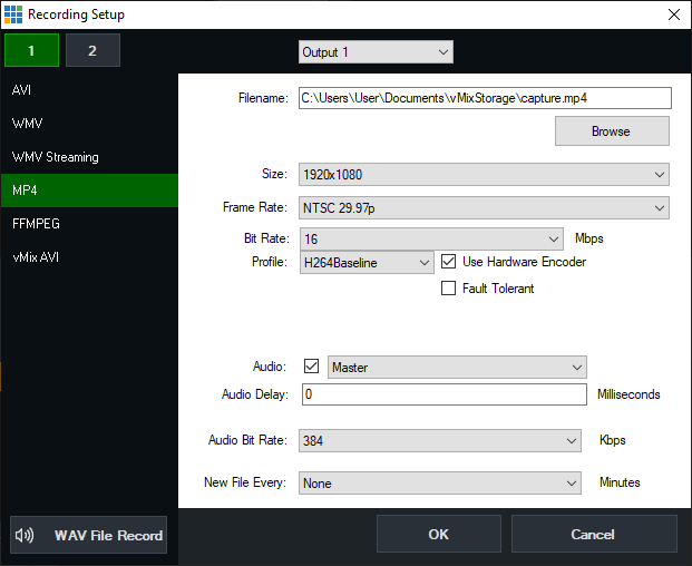 Окно Recording Setup vMix 29 для MP4 с аппаратным кодированием и Fault Tolerant