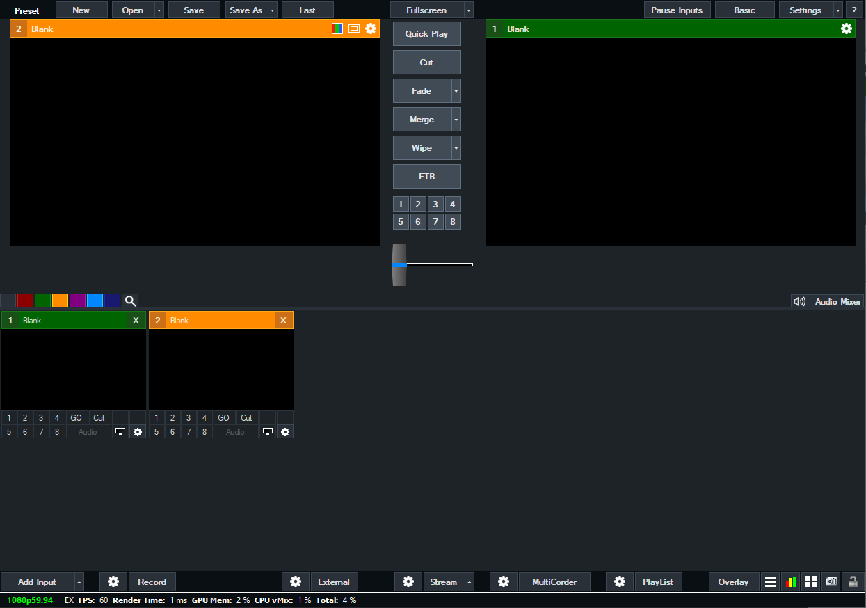 Главное окно vMix 29 с областями Preview, Output и лентой Inputs