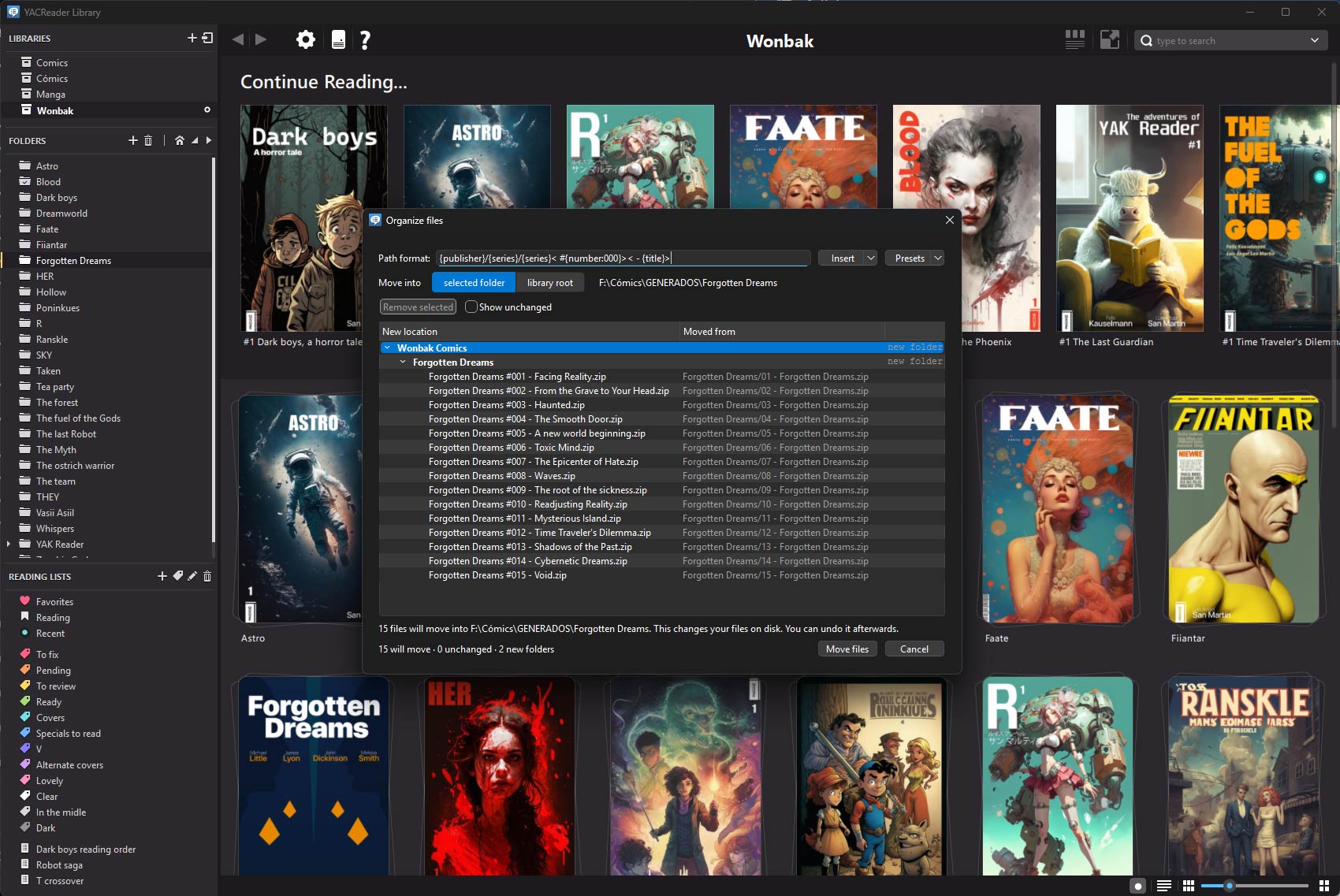 YACReaderLibrary 10.3 с сеткой обложек и окном организации файлов по метаданным