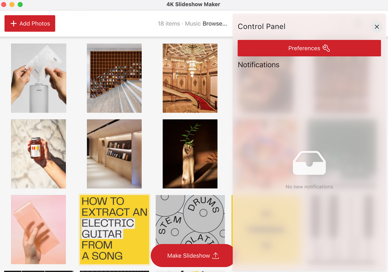 Панель Control Panel и Preferences в 4K Slideshow Maker 2.0