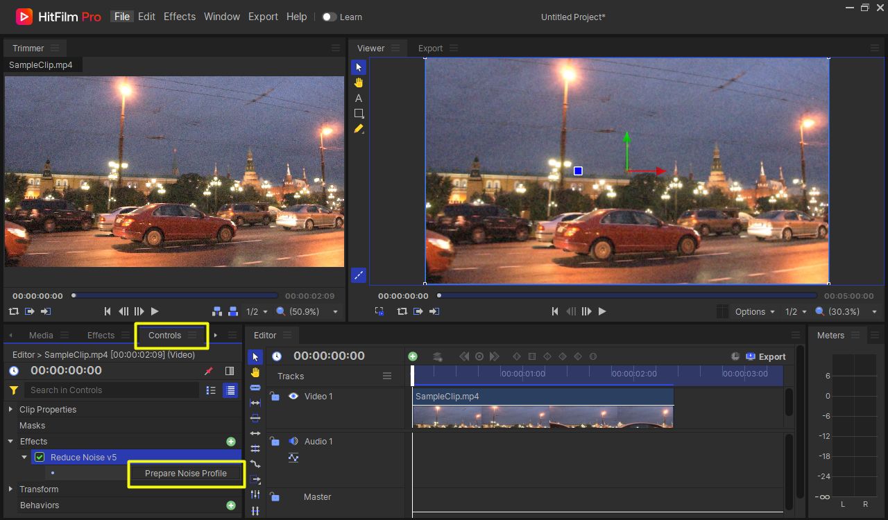 Панель Controls в HitFilm Pro 2023 с добавленным сторонним эффектом Neat Video Reduce Noise v5