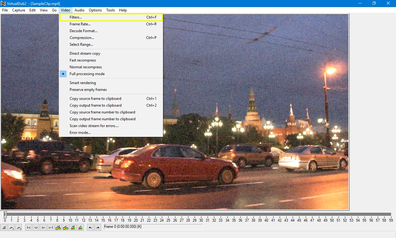 Классический интерфейс VirtualDub2 с открытым меню Video, командами Filters и Compression и покадровой шкалой времени