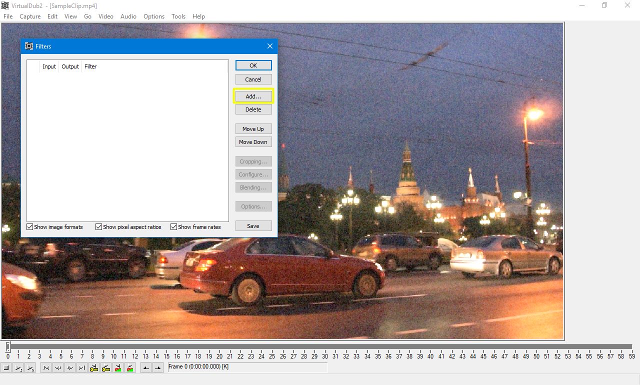 Окно Filters в VirtualDub2 со списком цепочки, кнопками Add, Configure, Cropping и изменением порядка фильтров