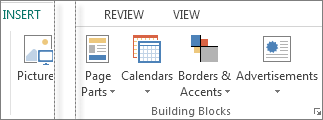 Группа Building Blocks на вкладке Insert в Microsoft Publisher
