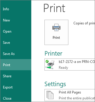 Раздел Print в Microsoft Publisher с выбором принтера и параметров печати