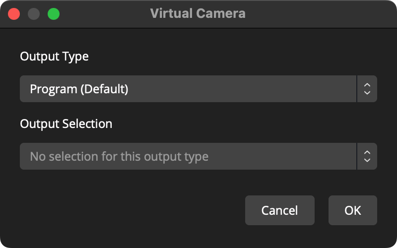 Настройки Virtual Camera в OBS Studio с выбором типа выходного изображения