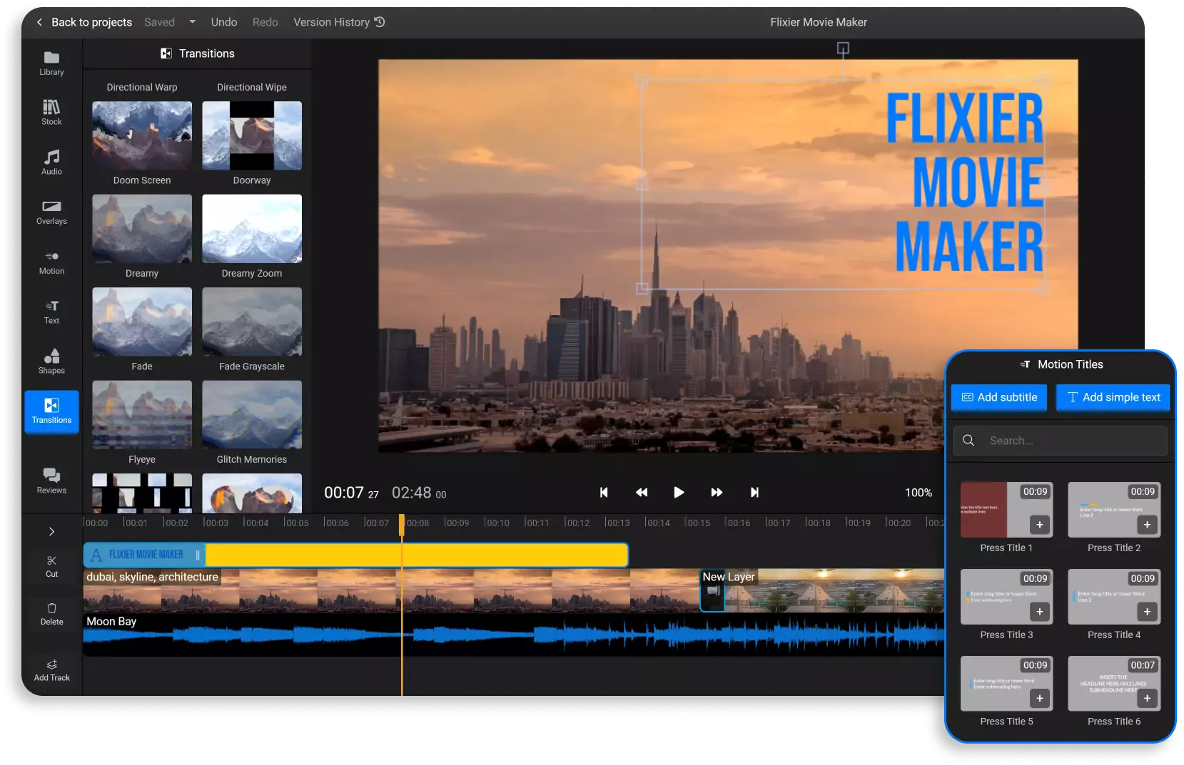 Рабочее окно Flixier с медиатекой, окном предпросмотра и многодорожечной временной шкалой