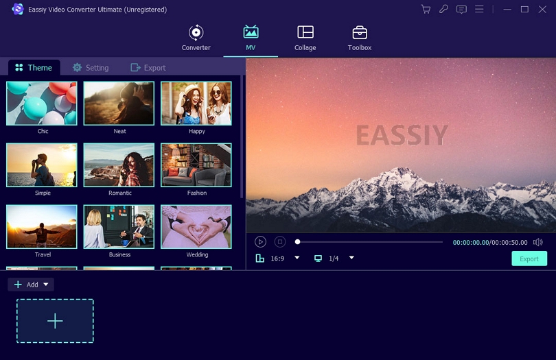 Раздел MV Maker в Eassiy Video Converter Ultimate с темами и предпросмотром
