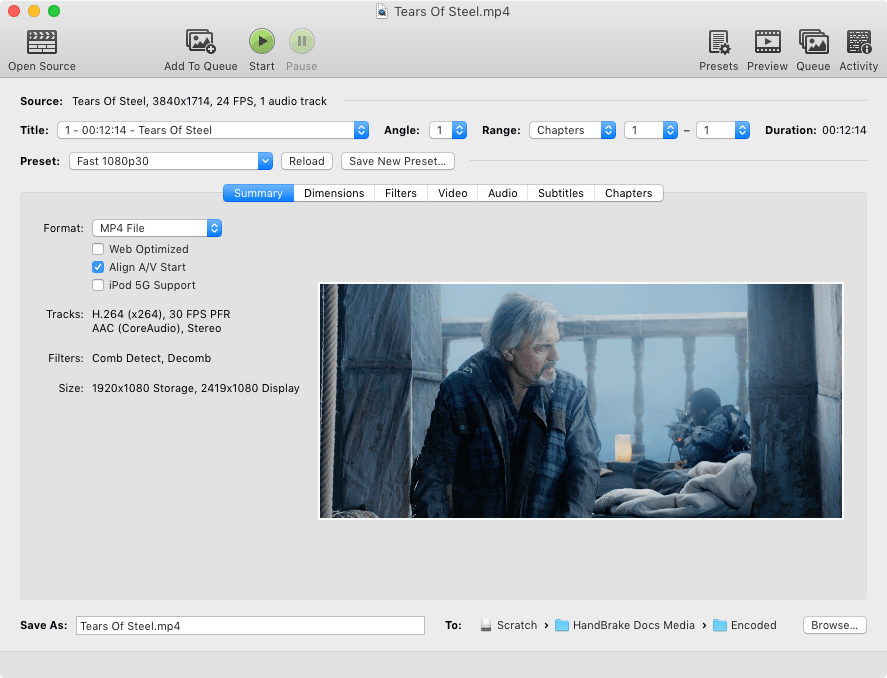 Главное окно HandBrake после открытия видеоисточника на macOS