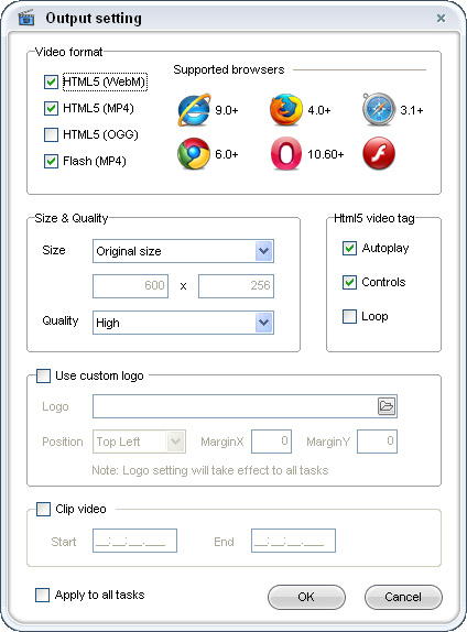 Окно Output setting ThunderSoft Video to HTML5 Converter с форматами WebM, MP4, OGG и настройками тега video