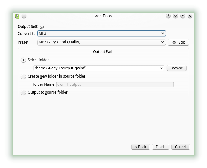 Окно Add Tasks в QWinFF с выбором MP3, пресета и выходного каталога
