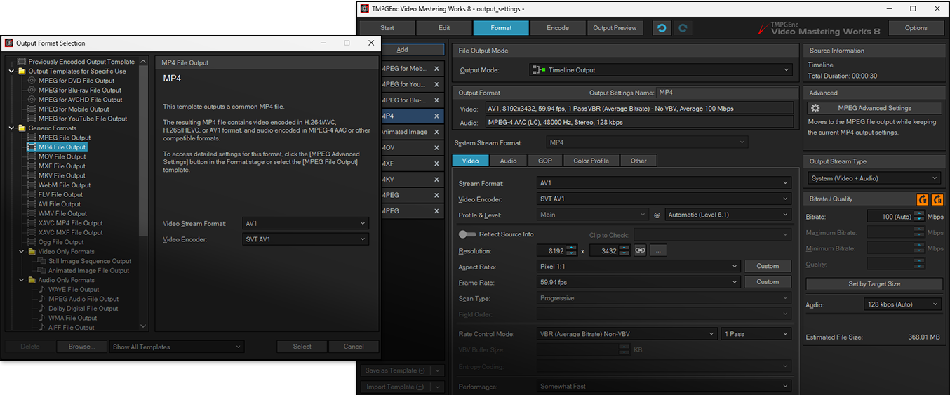 Окно Output Settings в TMPGEnc Video Mastering Works 8 с выбором формата и параметров кодирования