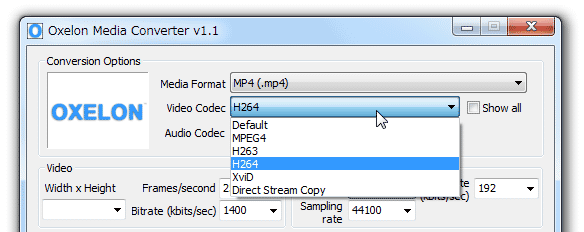 Список Video Codec в Oxelon Media Converter с Direct Stream Copy