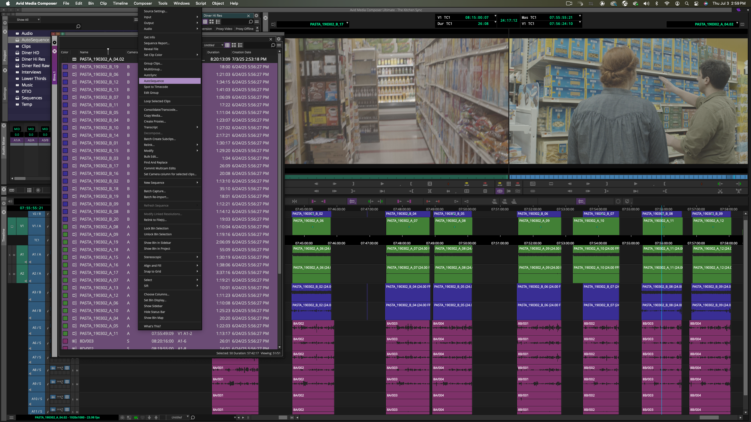 Интерфейс Avid Media Composer с бином слева, мониторами Source и Record и многодорожечной секвенцией