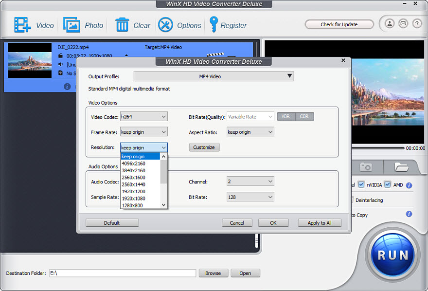 Настройка видеокодека, разрешения и аудиопараметров в WinX HD Video Converter Deluxe
