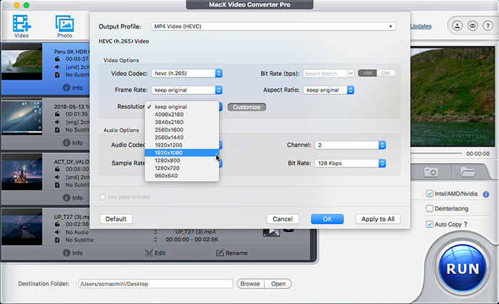 Настройка кодека, битрейта, частоты кадров и разрешения в MacX Video Converter Pro