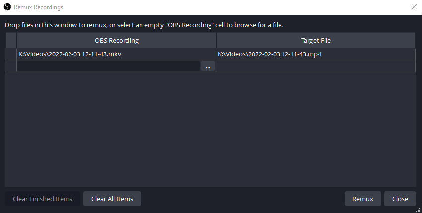 Окно Remux Recordings в OBS Studio с преобразованием записи MKV в MP4
