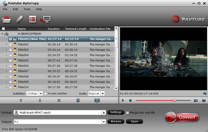 Главное окно Pavtube ByteCopy со списком Blu-ray-титулов, аудио, субтитрами, preview и профилем Multi-track MP4