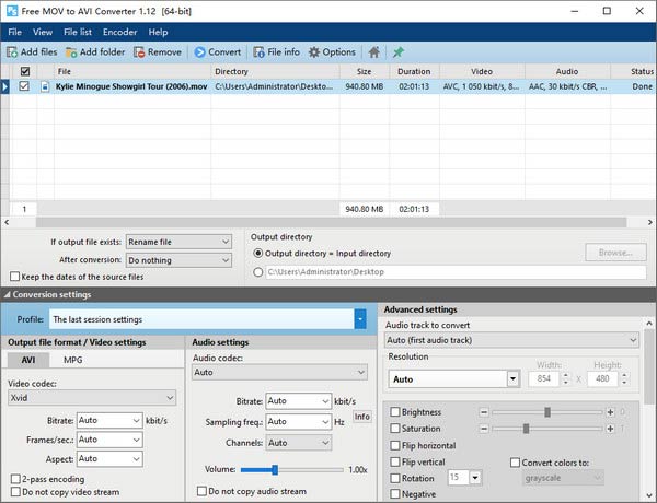 Главное окно Free MOV to AVI Converter 1.12 с очередью файлов и настройками AVI