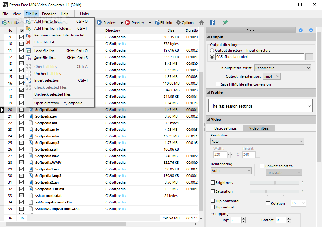 Меню списка файлов и видеофильтры в Pazera Free MP4 Video Converter