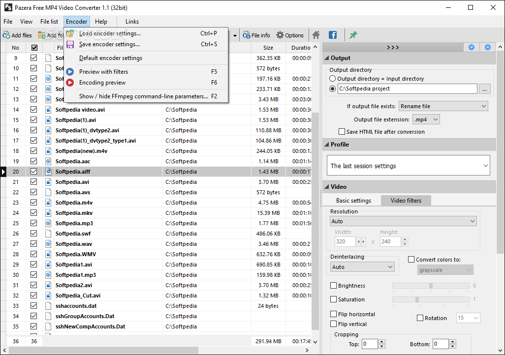 Меню Encoder в Pazera Free MP4 Video Converter