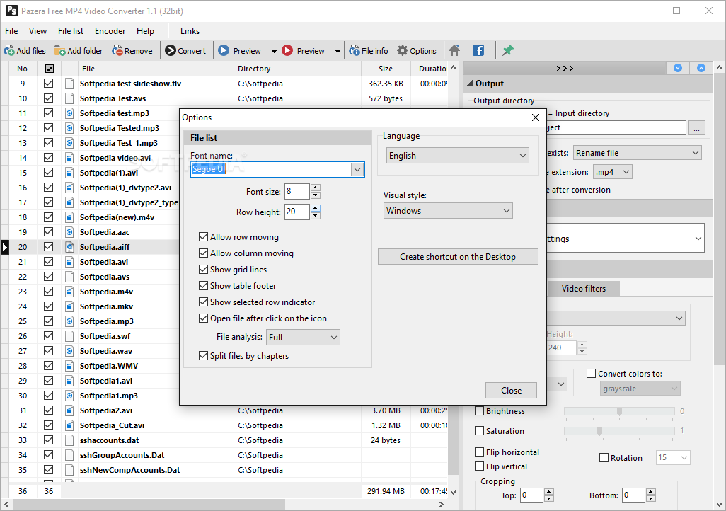 Окно Options Pazera Free MP4 Video Converter