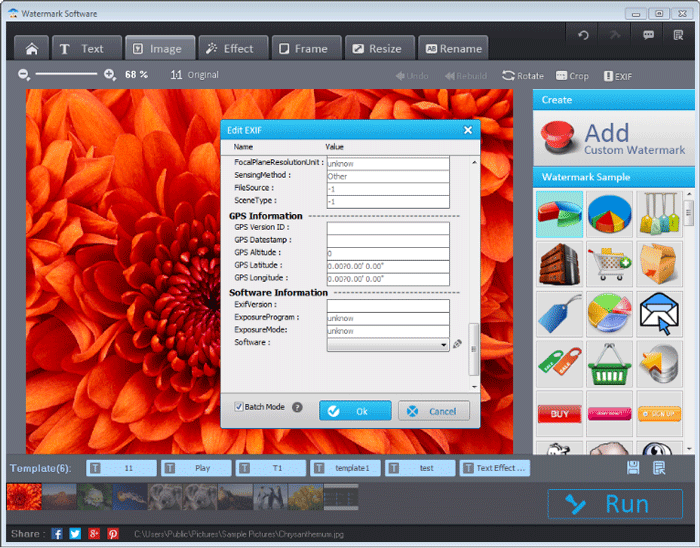 Редактор EXIF в Watermark Software с GPS и техническими метаданными фотографии