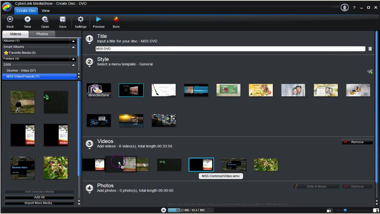 Окно Create Disc DVD в CyberLink MediaShow с заголовком, шаблоном меню, списком видео и индикатором емкости