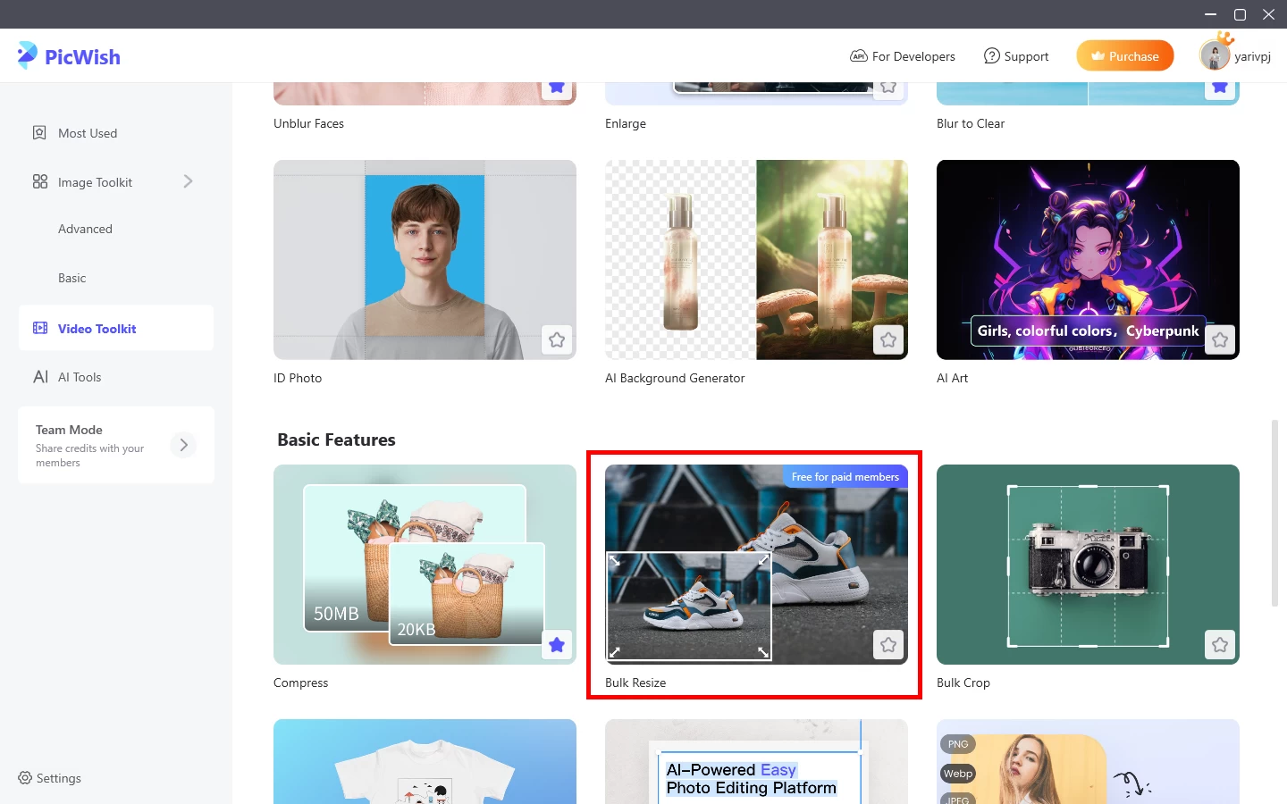 Инструмент Bulk Resize в настольном PicWish