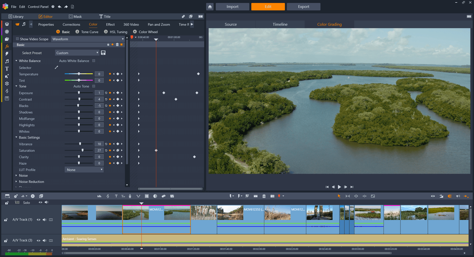 Панель Editor в Pinnacle Studio 26 с параметрами изображения, ромбами анимации и монтажной шкалой