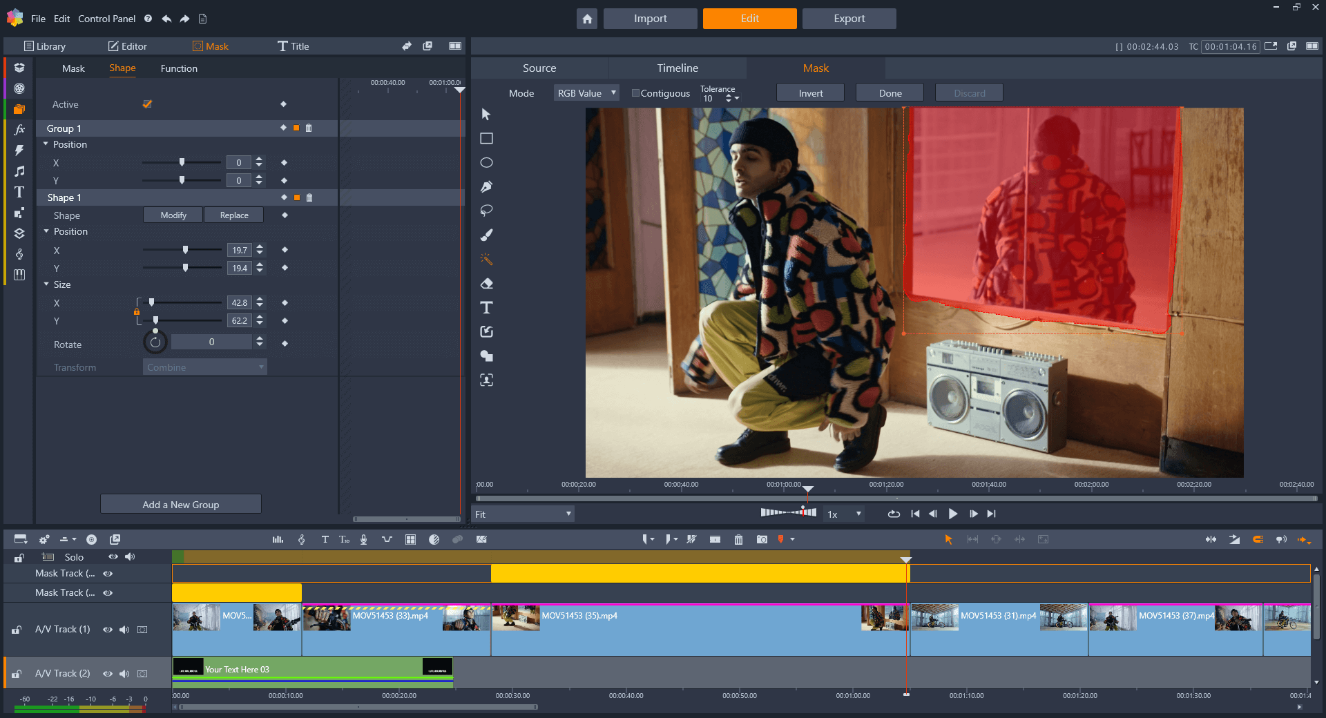 Редактор маски Pinnacle Studio 26 Ultimate с выделенной областью изображения и настройками формы