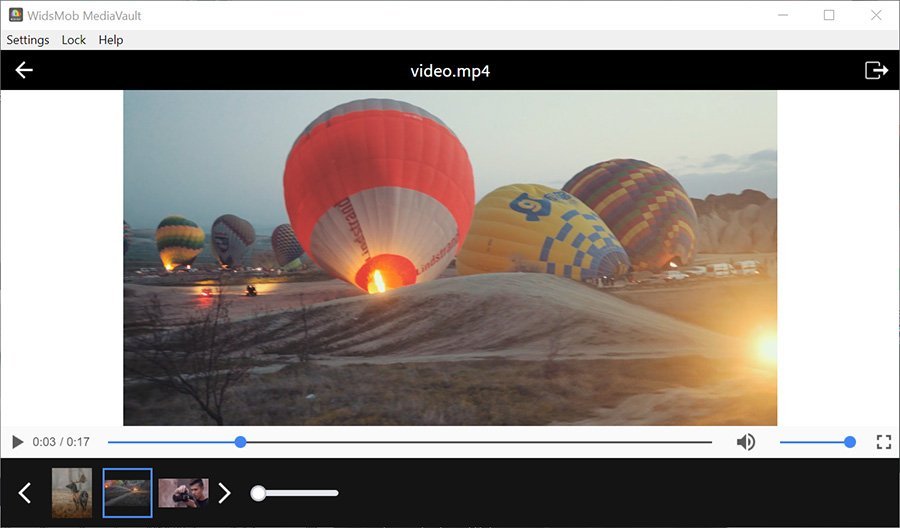 Встроенный видеоплеер WidsMob MediaVault при воспроизведении MP4 внутри защищённой библиотеки