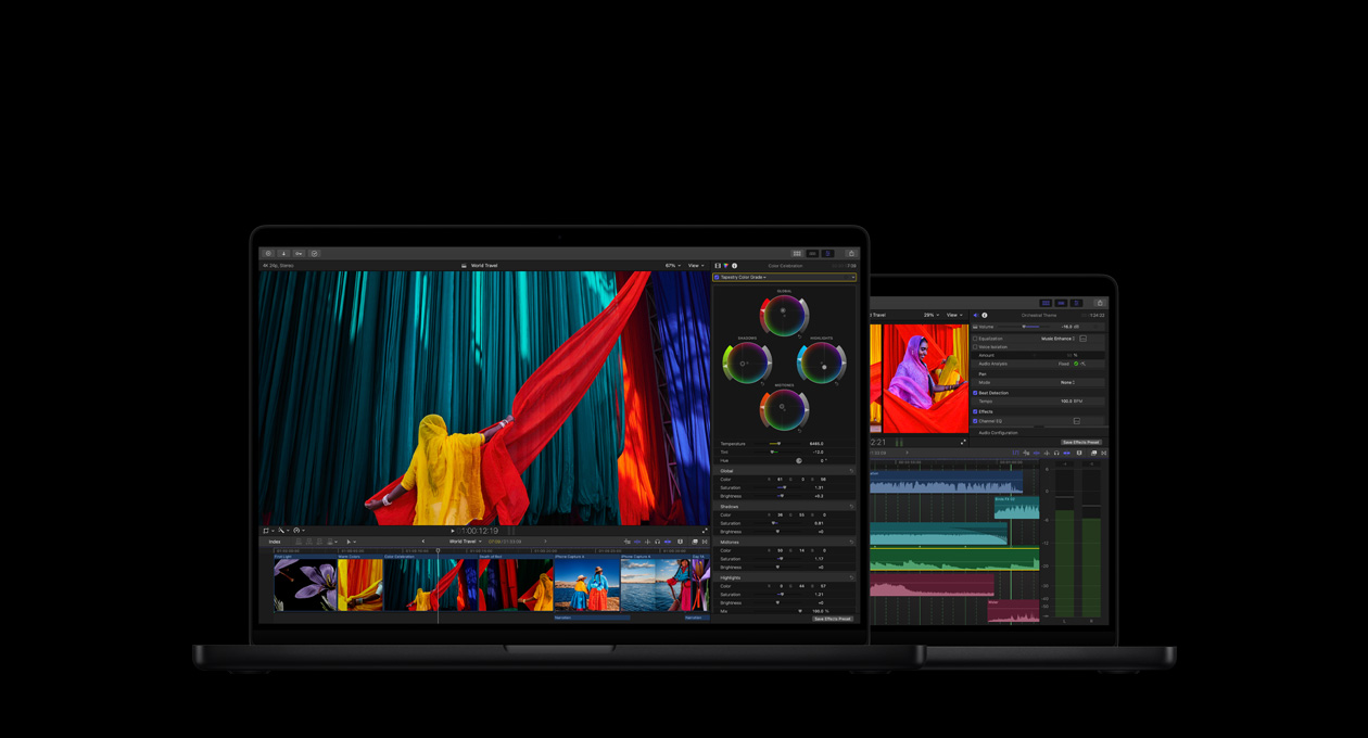 Интерфейс Final Cut Pro на Mac с цветокоррекцией, таймлайном и аудиодорожками