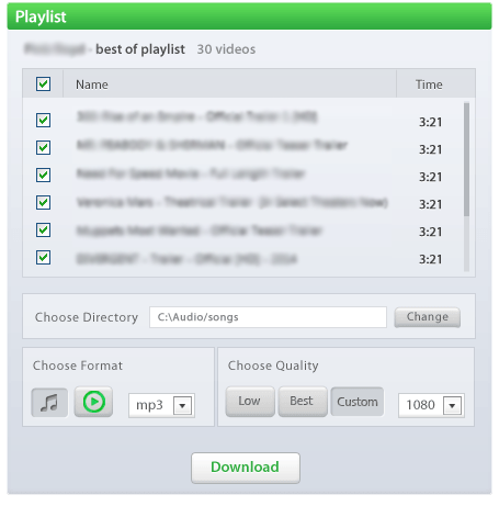 Окно загрузки плейлиста ByClick Downloader со списком роликов и выбором каталога формата и качества