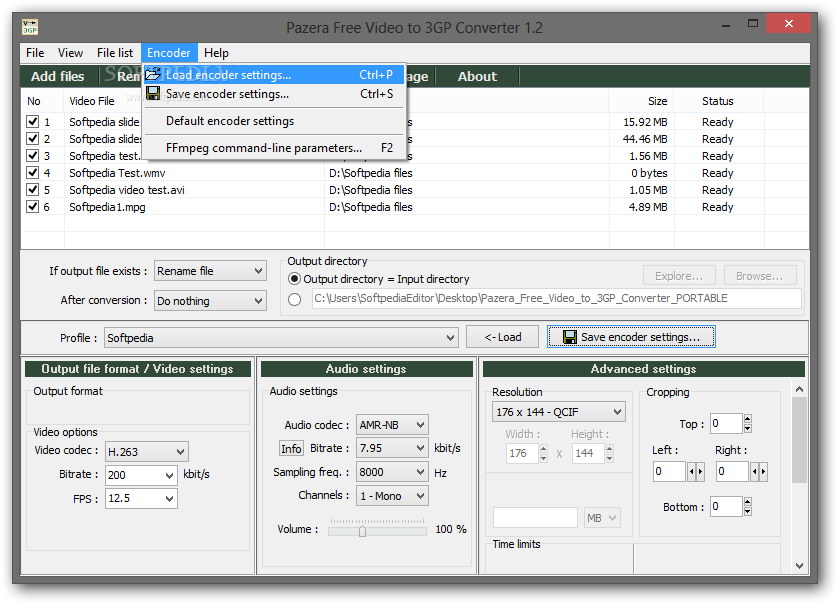 Меню Encoder в Pazera Free Video to 3GP Converter 1.2